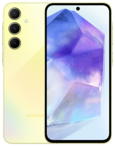 التصميم الكامل لهاتف samsung a55 5g باللون الليموني من الامام والخلف، يستعرض لغة التصميم وتوزيع الكاميرات.