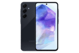 التصميم الكامل لهاتف Samsung Galaxy A55 5G باللون كحلي من الامام والخلف، يستعرض لغة التصميم وتوزيع الكاميرات.